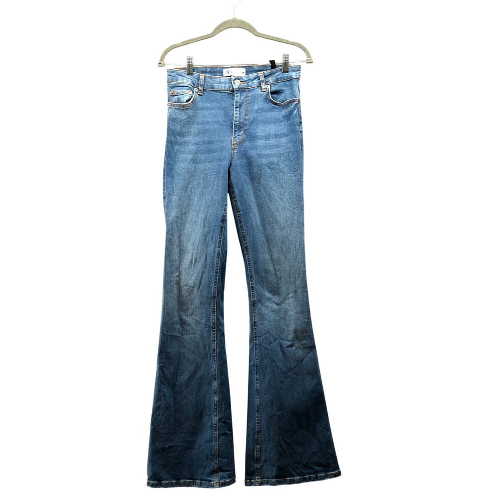 Zara High Waisted Flare Jeans Womens Size 6 Blue Denim Medium Wash Stretch 70s